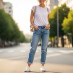 Mladá žena v modrých boyfriend džínsoch a bielom tričku stojí na ulici s batohom a teniskami.
