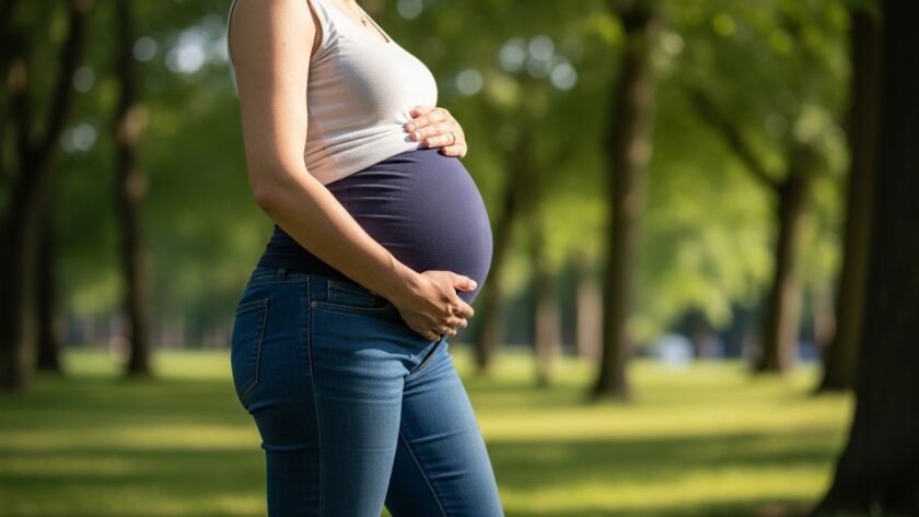 Tehotná žena vonku v džínsach jemne drží bruško, na pozadí zelený park a slnečné svetlo.