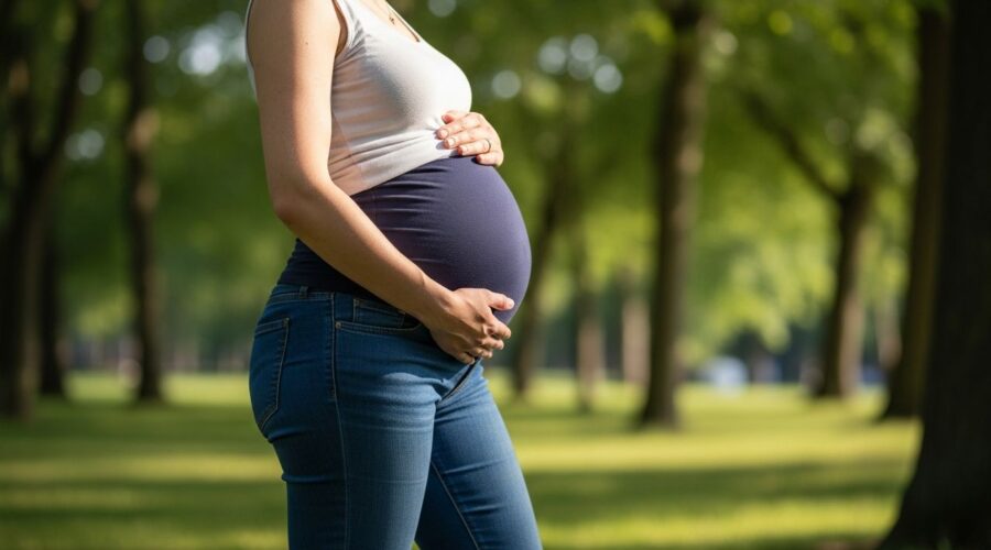 Tehotná žena vonku v džínsach jemne drží bruško, na pozadí zelený park a slnečné svetlo.