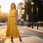 Mladá žena v žltých šatách a červených podpätkoch stojí na mestskej ulici pri západe slnka.
