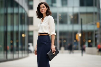 Žena v elegantnej sukni a blúzke, detail látky, mestské prostredie, prirodzené svetlo, realistická fotografia