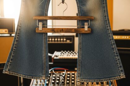 Vintage rozšírené džínsy visia na drevenom vešiaku v hudobnom štúdiu s hudobnými zariadeniami.