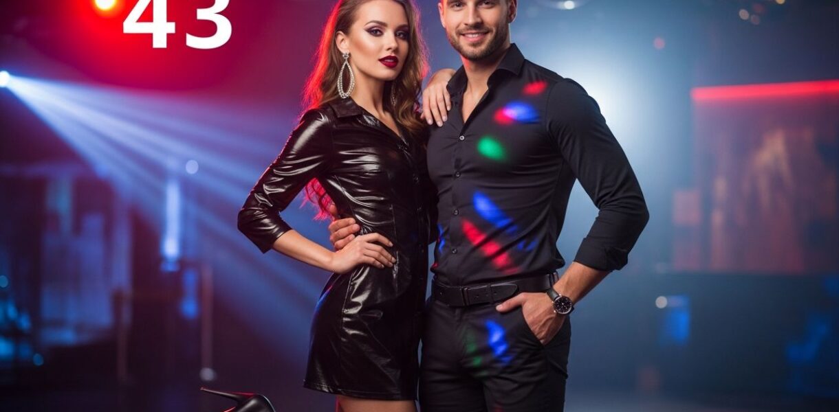 Mladý pár v klube pod farebnými svetlami, žena v čiernych šatách, muž v tmavej košeli, obaja sa usmievajú.