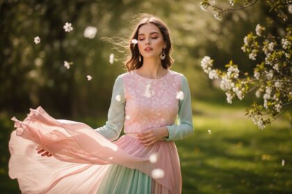 Mladá žena v pastelovom outfite stojaca na jarnej lúke obklopená kvetmi v mäkkom svetle.