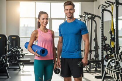 Mladý muž a žena v športovom oblečení s jogamatkou a činkami v jasnej telocvični.