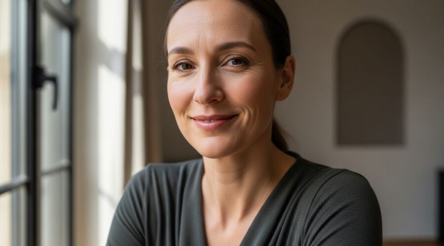 Žena v štýlovom oblečení, usmiata, v modernej minimalistickej miestnosti pri dennom svetle.