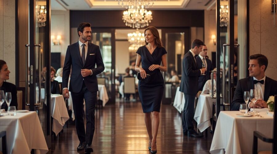 Muži a ženy vo večernom oblečení vstupujú do luxusnej hotelovej jedálne s elegantným prostredím.