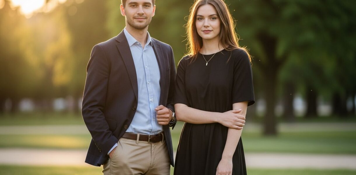 Mladý muž a žena v semiformalnom oblečení na promócie stojaci vonku za zlatej hodiny pri parku