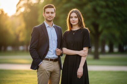 Mladý muž a žena v semiformalnom oblečení na promócie stojaci vonku za zlatej hodiny pri parku