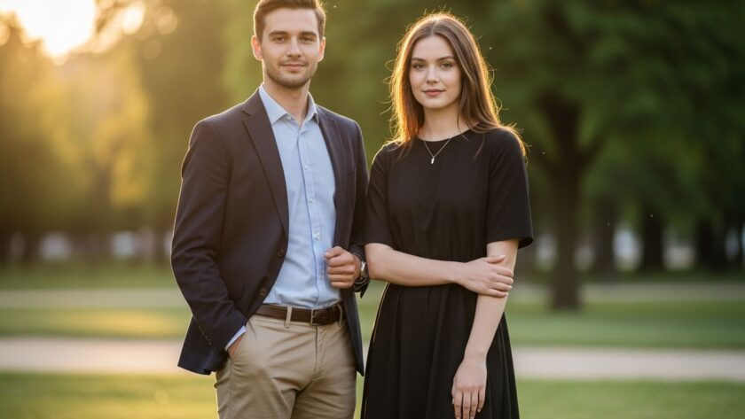 Mladý muž a žena v semiformalnom oblečení na promócie stojaci vonku za zlatej hodiny pri parku