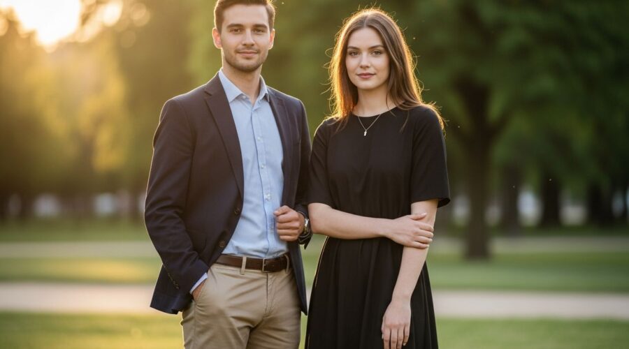 Mladý muž a žena v semiformalnom oblečení na promócie stojaci vonku za zlatej hodiny pri parku