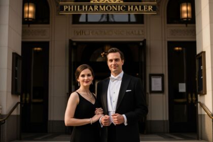 Muž v smokingu a žena v večerných šatách pred vstupom do filharmónie.