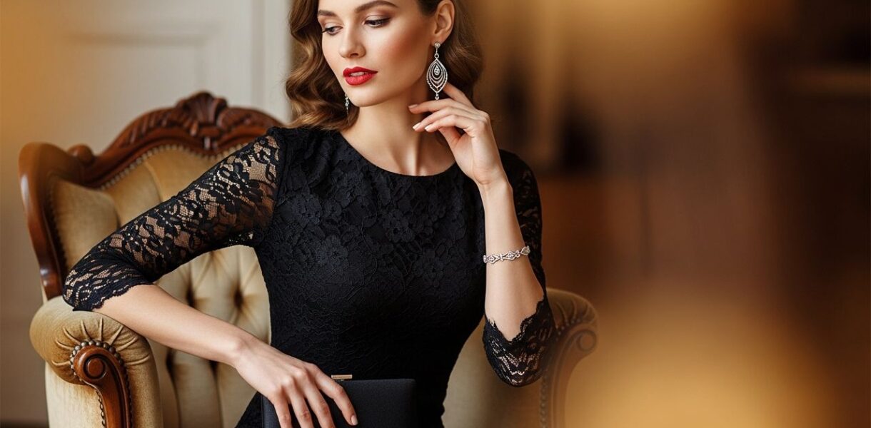 žena v čiernych šatách sedí na vintage kresle v teplom svetle s čiernou kabelkou a striebornými doplnkami
