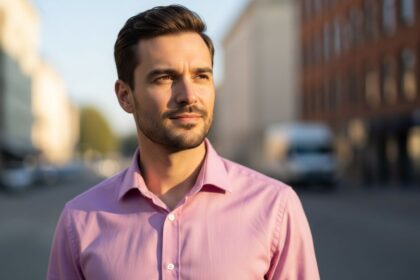 Muž v ružovej košeli s premysleným výrazom stojaci v modernom mestskom prostredí.