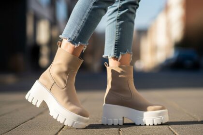 Pár béžových semišových platformových topánok na nohách v modrých džínsach, mestské pozadie.