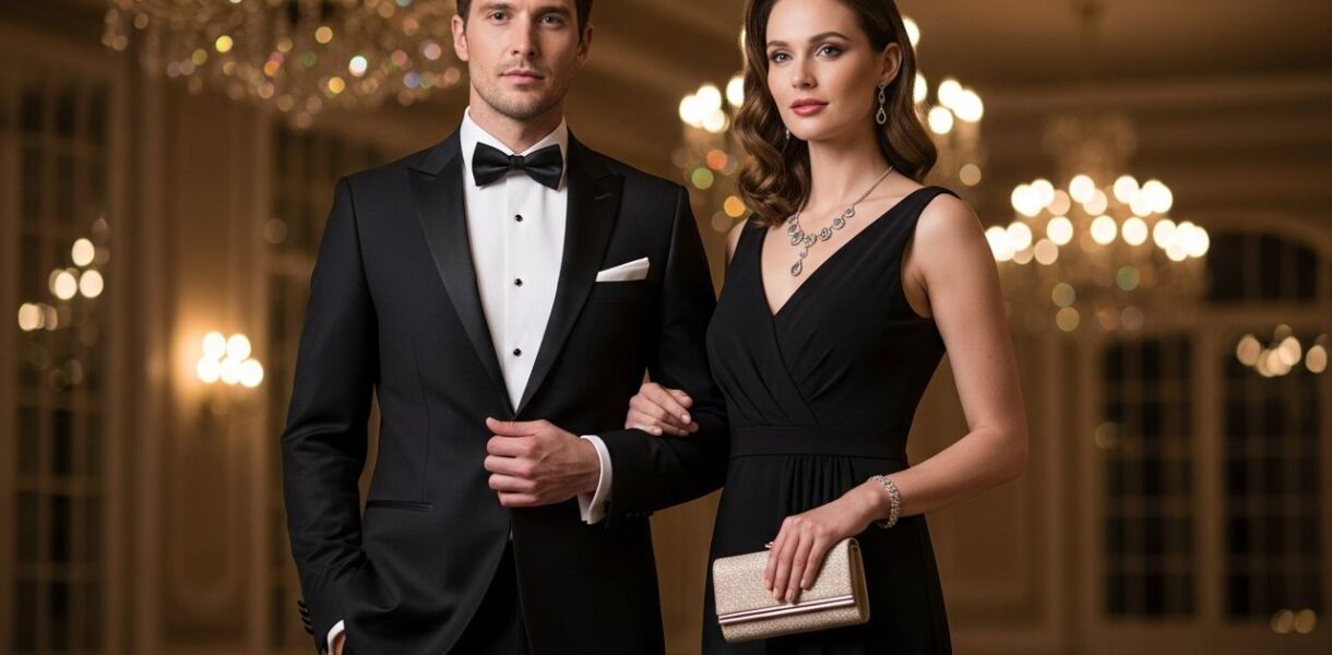 Elegantný pár na galavečeri v luxusnej sále s lustrami a teplým osvetlením.