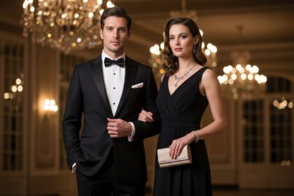 Elegantný pár na galavečeri v luxusnej sále s lustrami a teplým osvetlením.