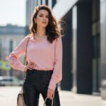 Mladá žena v čiernych kožených nohaviciach a pastelovej blúzke v mestskom prostredí