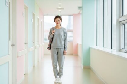 Mladá žena stojí v jasnej modernej klinike s taškou, prírodné svetlo presvitá cez veľké okná.