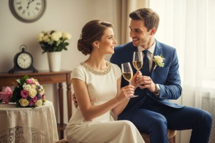 Šťastný pár oslavuje výročie svadby v elegantnej miestnosti s kvetmi a vintage hodinami.