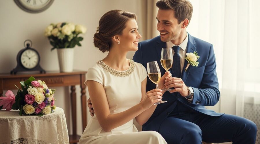 Šťastný pár oslavuje výročie svadby v elegantnej miestnosti s kvetmi a vintage hodinami.