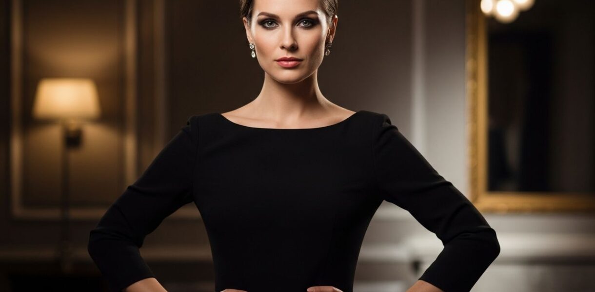 Portrét elegantnej ženy v čiernych šatách s tajomným výrazom na luxusnom pozadí.