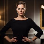 Portrét elegantnej ženy v čiernych šatách s tajomným výrazom na luxusnom pozadí.