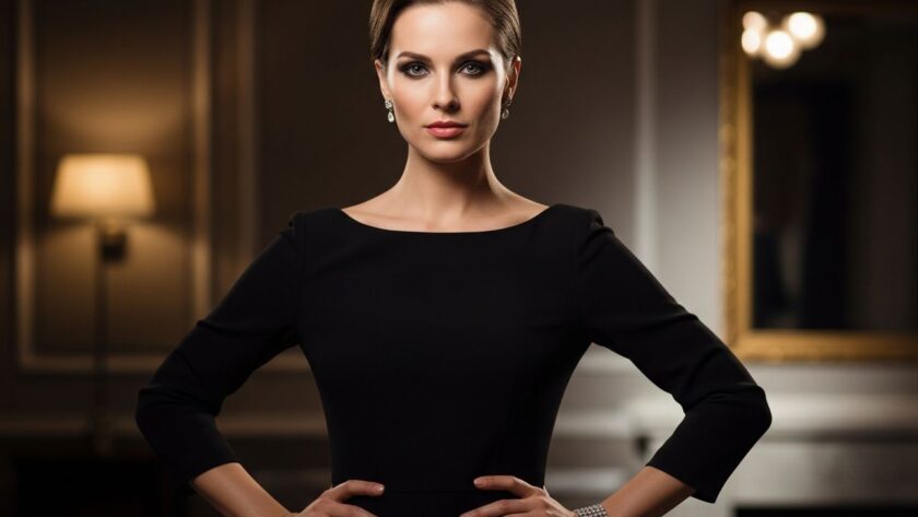 Portrét elegantnej ženy v čiernych šatách s tajomným výrazom na luxusnom pozadí.