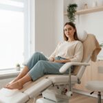 Mladá žena sedí na vyšetrovacom kresle v gynekologickej ambulancii, uvoľnená a bosá.