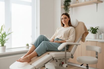Mladá žena sedí na vyšetrovacom kresle v gynekologickej ambulancii, uvoľnená a bosá.