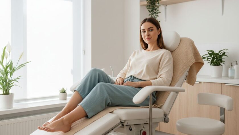 Mladá žena sedí na vyšetrovacom kresle v gynekologickej ambulancii, uvoľnená a bosá.