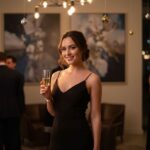 Mladá žena v čiernych šatách s pohárom šampanského na elegantnej párty v modernom interiéri